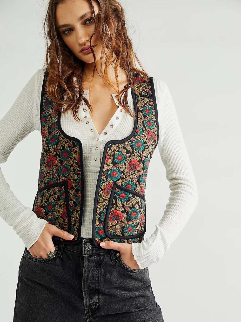 Free People Black Quilted Vest with Red & Teal Floral Tapestry